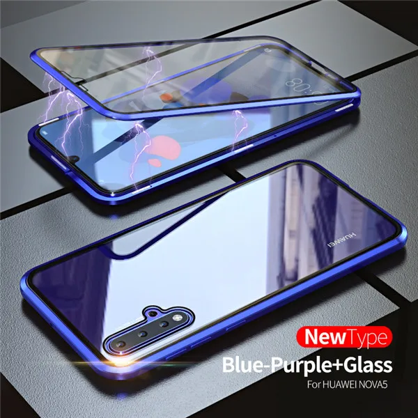 Nova 5i чехол для huawei Nova 5 Pro чехол с магнитным металлическим стеклом Nova 4 задняя крышка прозрачный Nova 5 чехол для huawei Nova 5i Funda - Цвет: Blue