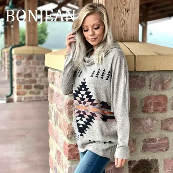 

BONJEAN Geometric Pattern Sweatshirts 2019 Autumn Tops and Pullovers Slash Neck Gray Sweatshirts Long Sleeve Pullovers BJ1506