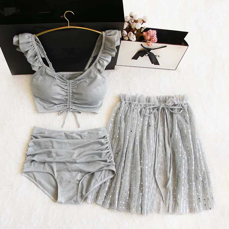 

Summer Explosion Sexy Swimsuit Ruffled Sling Drawstring Set Bikini Sequin Split Elegant Tether Skirt Beach Dress Three-Piece Set