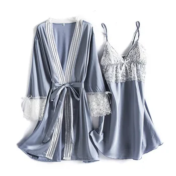 

Satin Bride Bridesmaid Wedding Robe Gown Women 2PCS Nighty&Robe Suit Sexy Nightwear Casual Bathrobe Lace Homewear Home Clothes