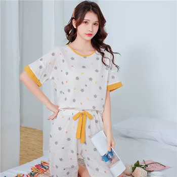 

Homewear 2020 New Cotton Pajama Women's Summer Dot Cute Cartoon Short Sleeve Shorts Two Piece Lace Up Home Clothes Pj Set