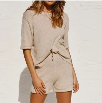 通販 夏のビーチカジュアルoネックカーキ半袖ツーピースセットクロップトップと巾着 2 ピース女性セット衣装