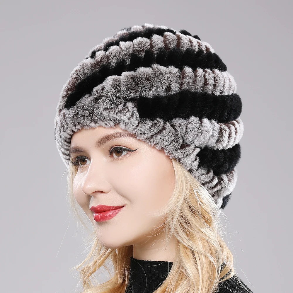 2025 Outdoor Winter Good Elastic Real Fur Hat Women Knitted Natural Rex Rabbit Fur Skullies Cap Warm Soft Real Fur Beanies Hats 5