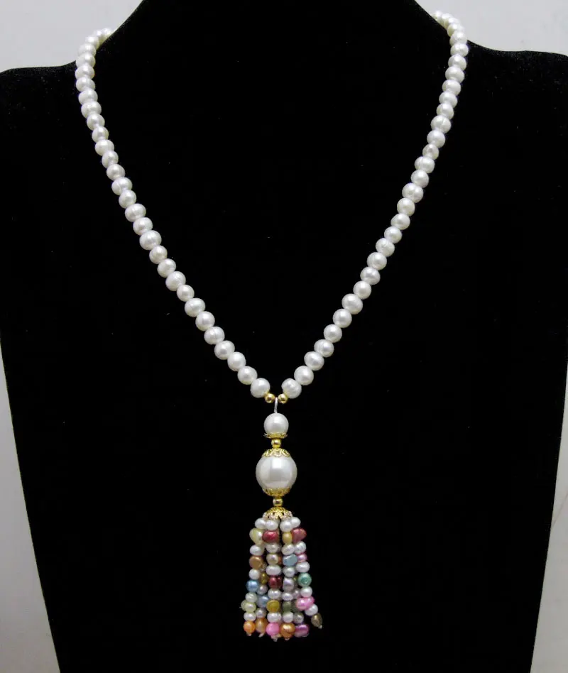 Qingmos Natural 6mm Round White Pearl Necklace for Women & Multicolor Baroque Pearl Tassel Pendant Necklace Long Necklace 20''