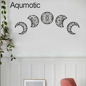 Aqumotic 5 sztuk faza księżyca 3D naklejka ścienna drewno Hollow duży półksiężyc zaćmienie księżyca rzeźby w drewnie kwiaty dekoracyjne tanie i dobre opinie CN (pochodzenie) Europejska Nieregularne moon wood