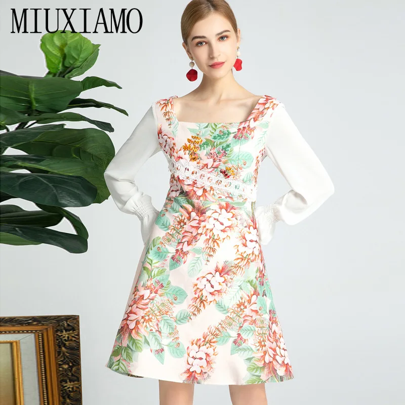 

MIUXIMAO 2021 весна-лето Элегантное повседневное платье миди с квадратным вырезом и цветочным принтом со стразами и коротким рукавом женские платья