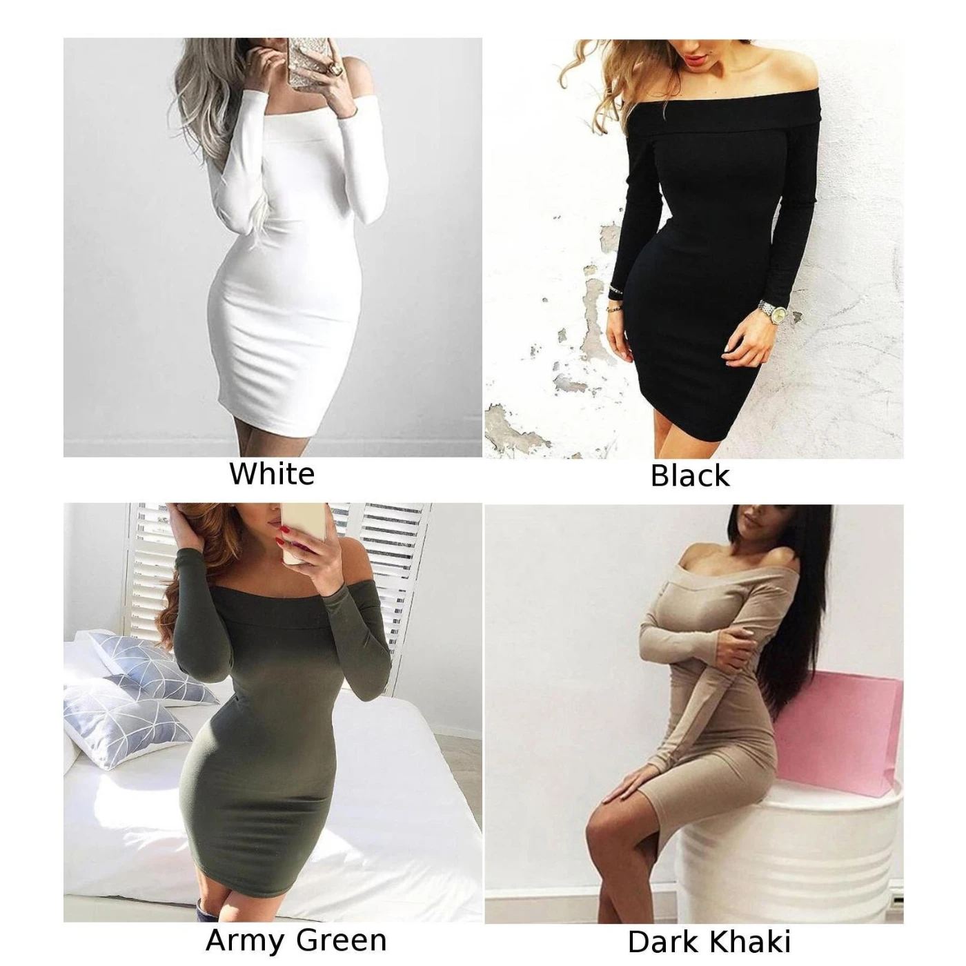 New Ladies Dress Formal Solid Fashion Prom Boat Neck Long Sleeve Casual Clubwear Bodycon Evening Women Dress