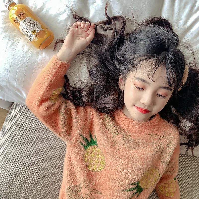 Orange color Зимний детский корейский свитер, одежда для девочек, плюшевый свитер с длинными рукавами, модный свитер с ананасом, детский осенний пуловер, Топ - Цвет: Orange color
