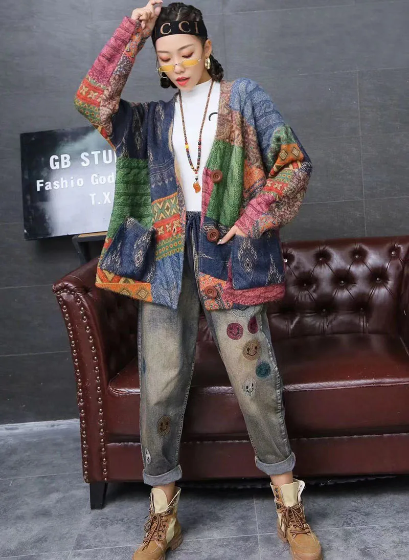 Зимний модный винтажный вязаный кардиган с v-образным вырезом и длинным рукавом, женский свитер, пальто