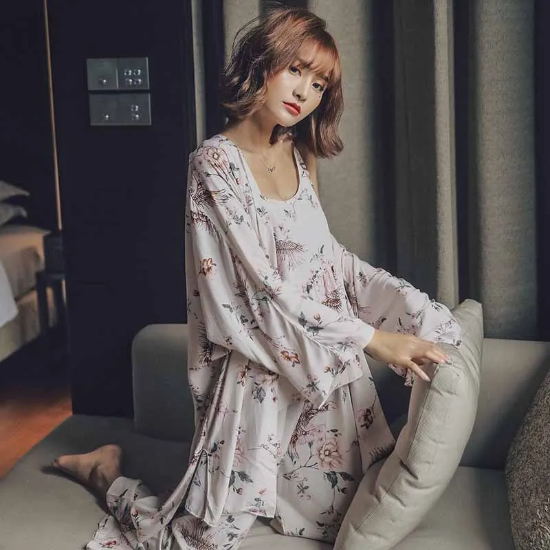 Autumn New Ladies 3pcs Pajamas Set Elegant Crane Printed Cardigan+Camisole+Pants Sleepwear Set Comfort Loose Homewear For Femme