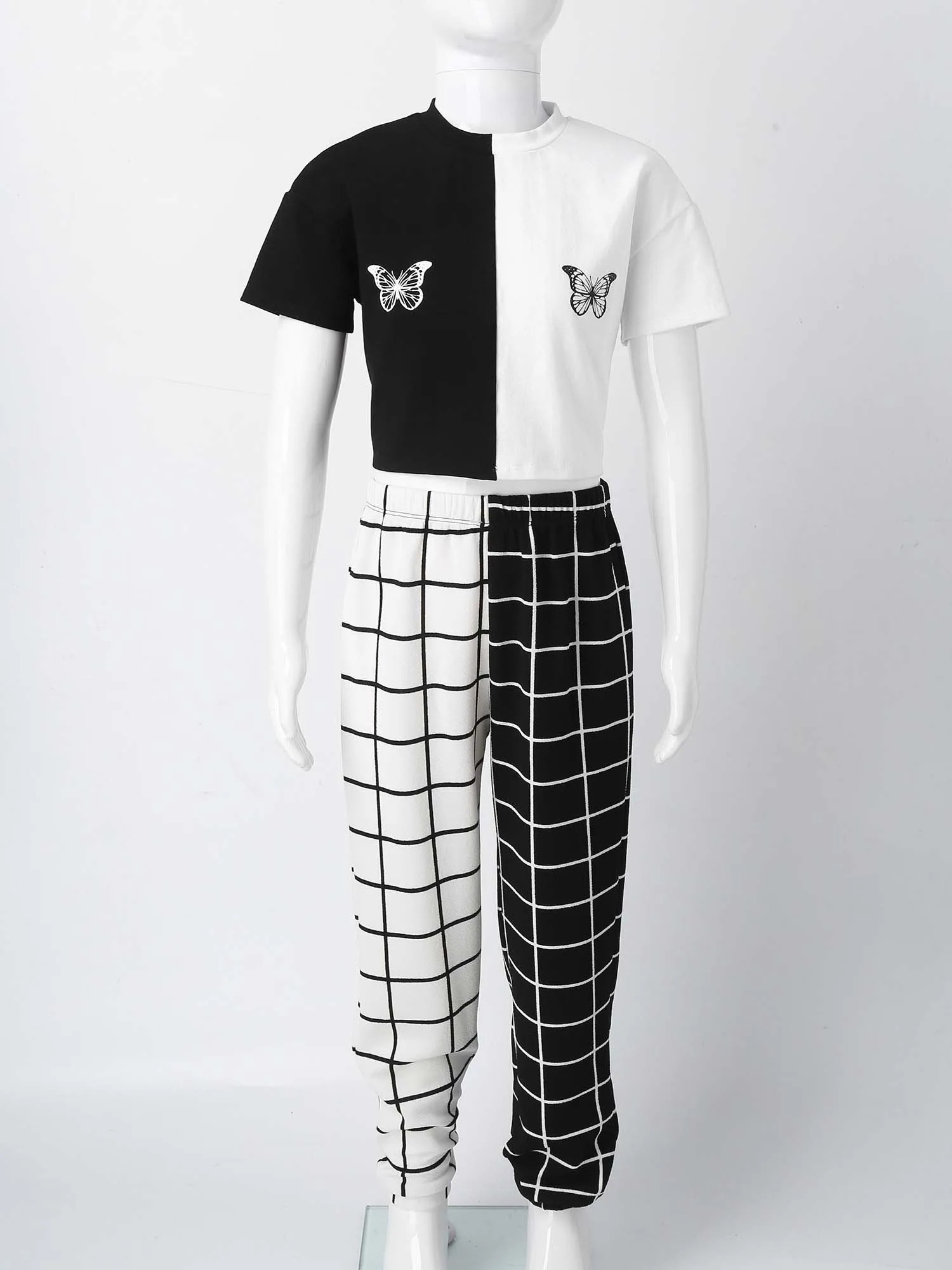 4-16Y Kids Girls Clothes Sets Butterfly Print Crop Tops+Plaid Pants Children Clothing Summer Teen Workout Dancewear Sports Sets
