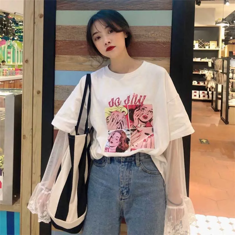NiceMixKorea стильная футболка в стиле Харадзюку женская футболка с мультяшным принтом кружевная прошитая футболка с длинным рукавом свободная футболка