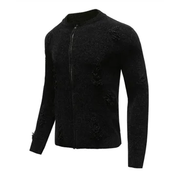 

Spring autumn mens ripped destroyed holes punk zipper man vintage casual hip hop knitwear jersey hombre