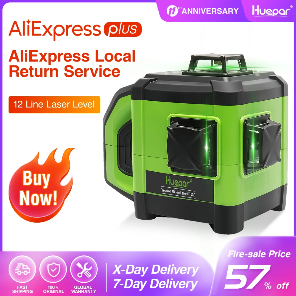 Huepar Electronic Self-Leveling 3D Green Beam Laser Level 3x360 Cross Line Three-Plane Leveling Alignment -Dual Slope Function