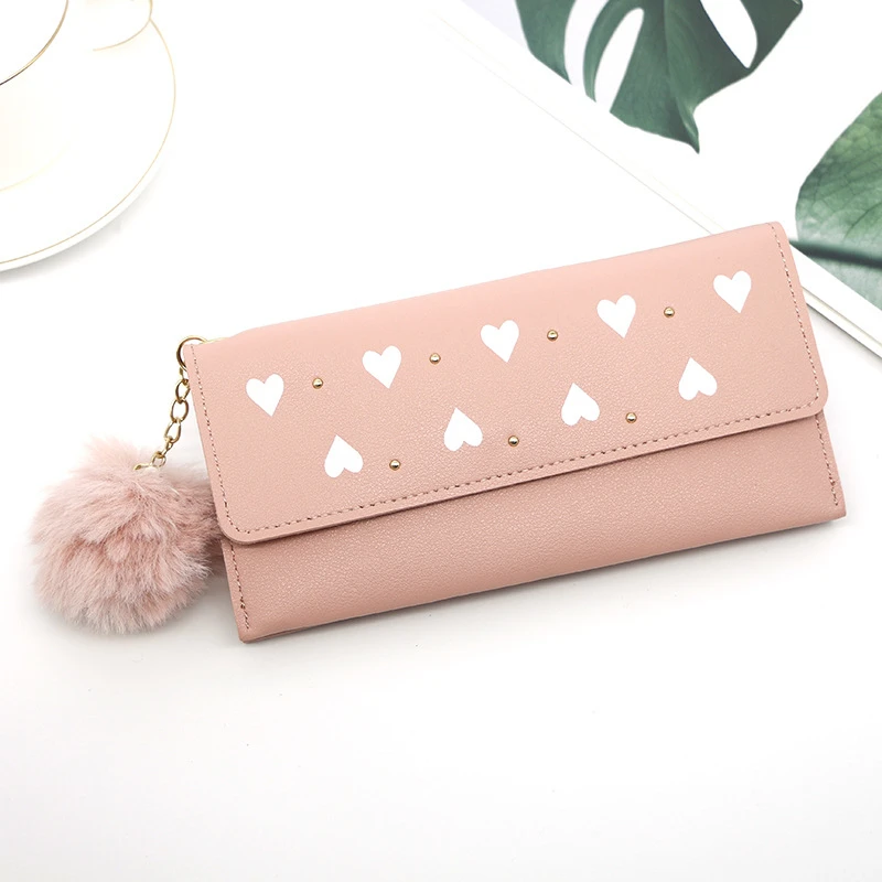Women's purses Long Wallets Pure Color Wool Ball Bow Clutch Bag Card Coin Purse Standard Wallets PU Solid Polyester Wallet