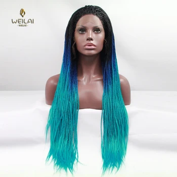 

WEILAI Ombre Fiber Hair Synthetic Lace Front Wig Long Two-Color Black/Blue Braided Frame Braid Women's Front Lace Wig