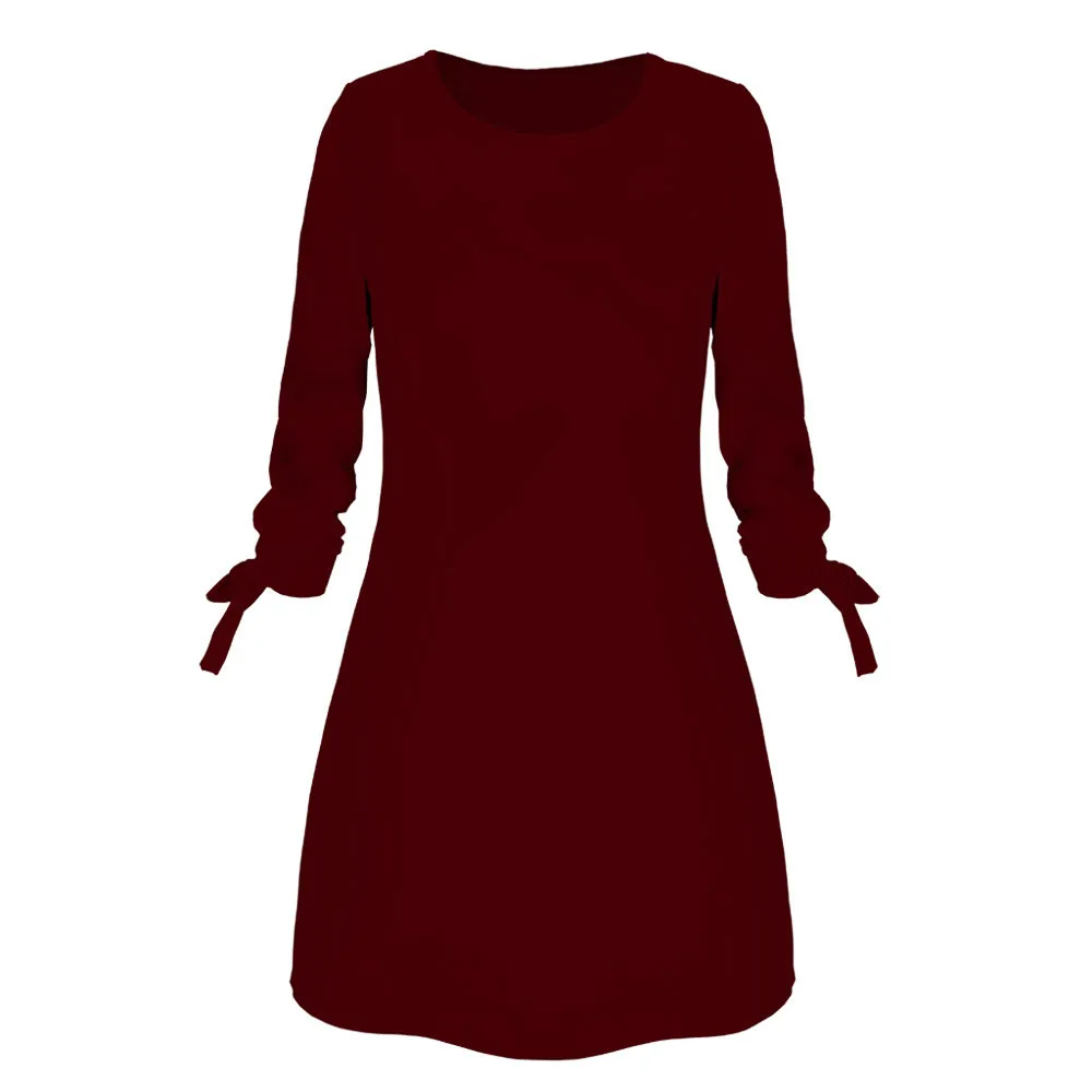 Dress Women платье Fashion Casual O-neck Solid Three Quarter Bow Elegant Straigth Dress Spring Loose Mini Dresses Free Ship Z4