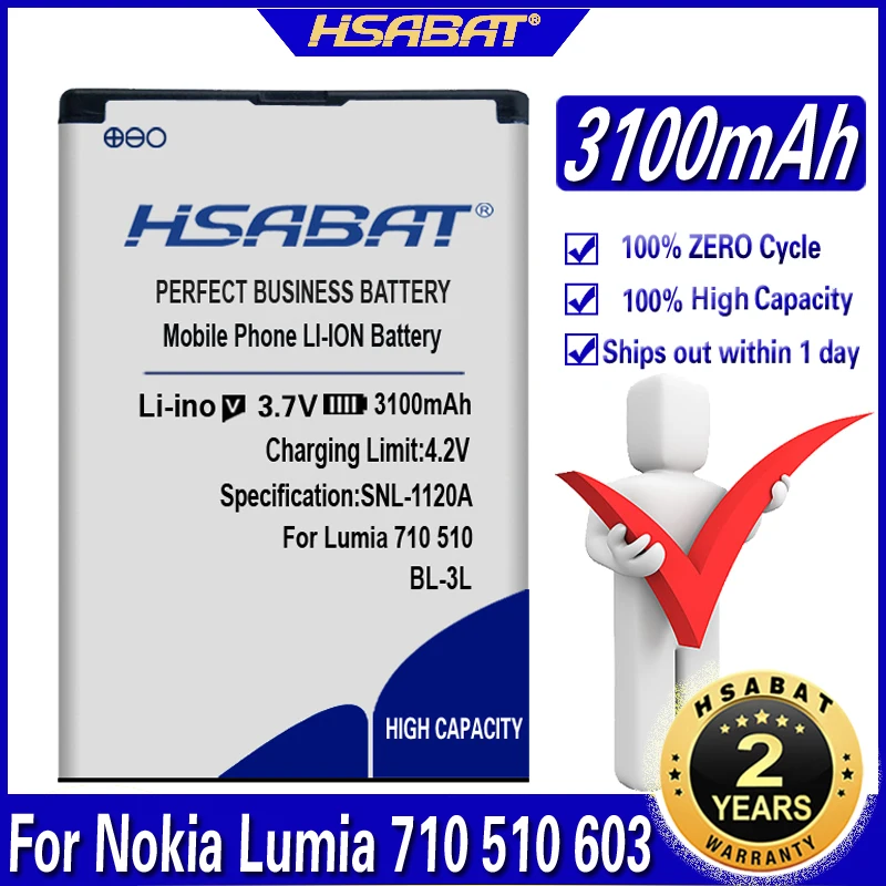 Аккумулятор HSABAT 3100 мАч для Nokia Lumia 710 510 603 610C 900 303 610 3030 505|Аккумуляторы мобильных