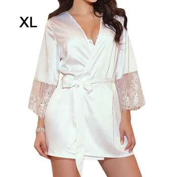 

Fashion women lace nightdress white homewear sexy nightgown silk bathrobe hollow pattern sleeves black pajamas
