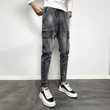 Осень-зима, новинка, джинсы, джоггеры, мужские, корейский стиль, облегающие, с боковыми карманами, брюки-карго, Мужская Уличная одежда, мужские джинсы, брюки, 28-36, распродажа