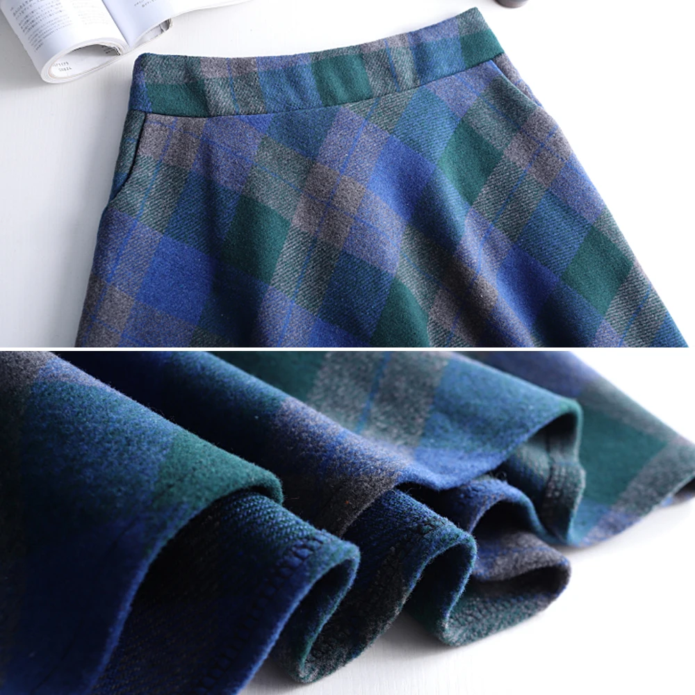 High Waist Woolen Skirts Women Winter Fashion Streewear Wool Long Pleated Skirt Casual Ladies Saia Longa Plaid Female Skirt