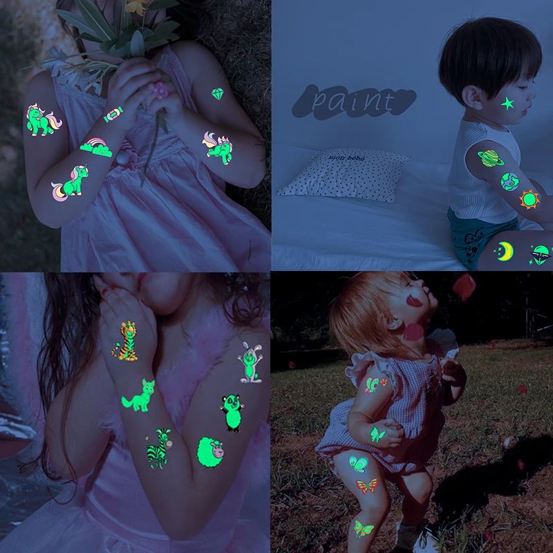 Tattoo Sticker Luminous Night Temporary Tattoo Sticker Children Unicorn Stars Dinosaur Car Animal Cartoon Waterproof Body Art