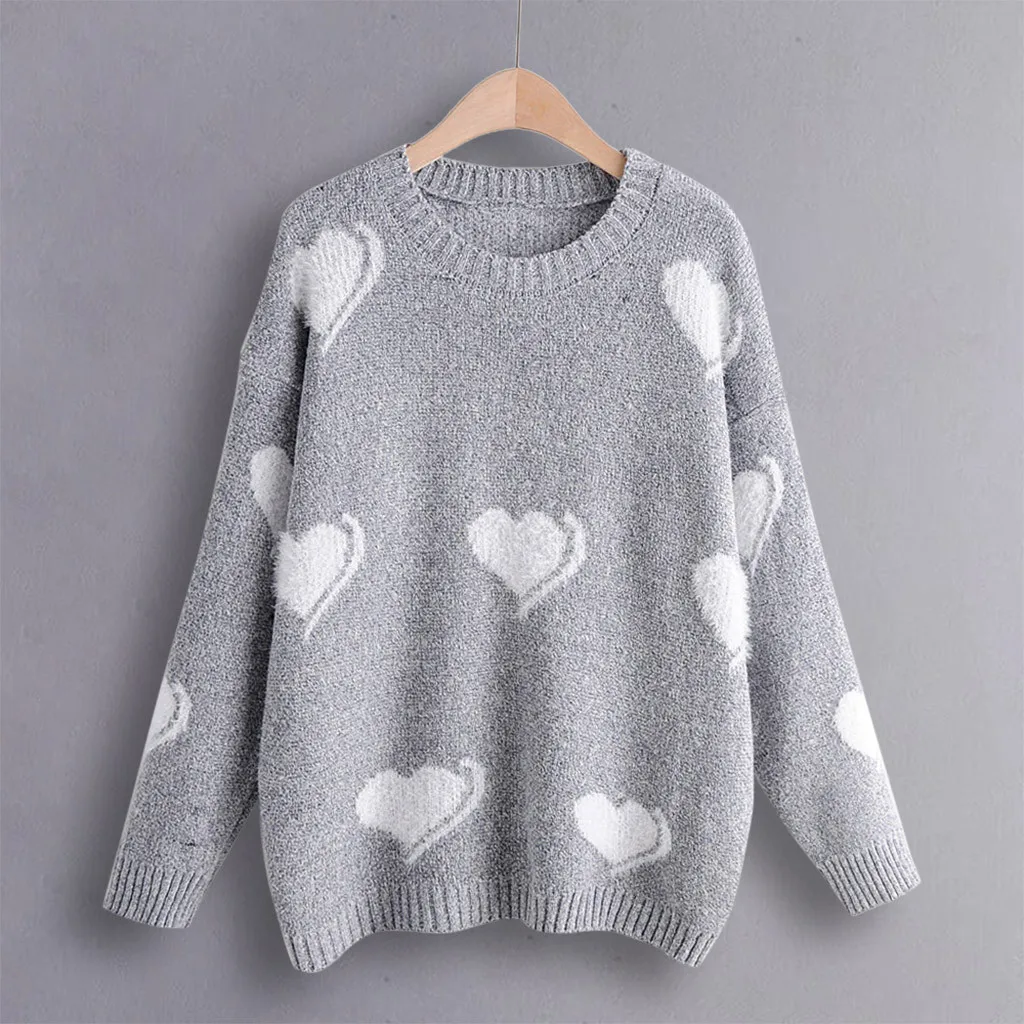 

Women's fashion sweater O-collar heart-shaped printed plush sleeve long-sleeved loose solid color sweater new shirt кардиган