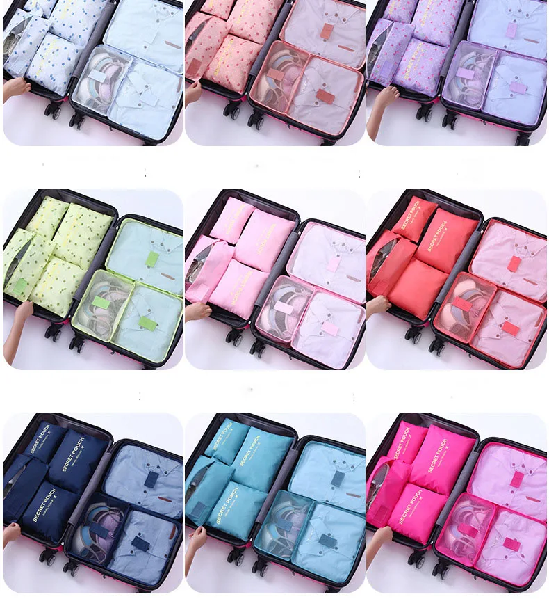 Hot Fashion Travel Waterproof Clothes Storage bags Luggage Pouch Packing Cube Solid Portable Organizer 7 pcs/set