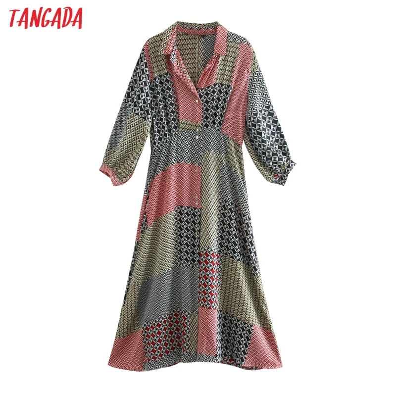 Tangada fashion women patchwork print shirt dress 2020 new arrival Long Sleeve Ladies vintage midi Dress Vestidos 5Z96