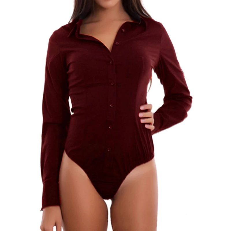 Women Chic Shirt Bodysuit Ladies Sexy Bodysuits Long Sleeve Turn down