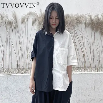 

Korea Dark Style Vintage Shirt Black and White Contrast Color Stitching Short Sleeve Womens Tops and Blouses Simple Wild DMY4788