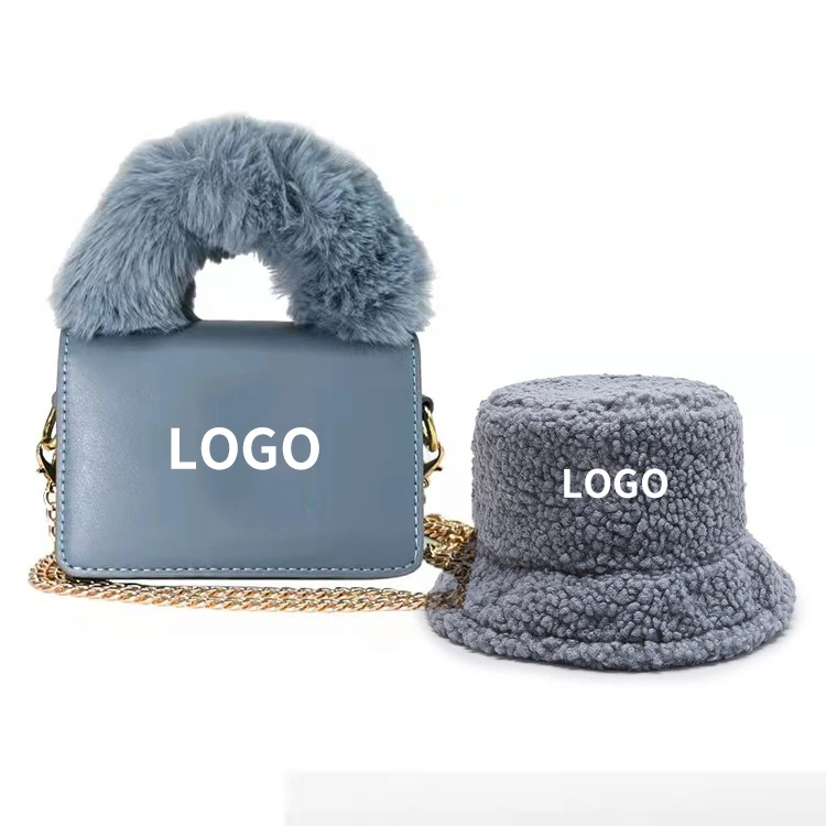 New NY York  Matching Fur Purse and Hat Set Bucket Hat Winter Bulk Hair Warm Women Purses and Hand Bag 