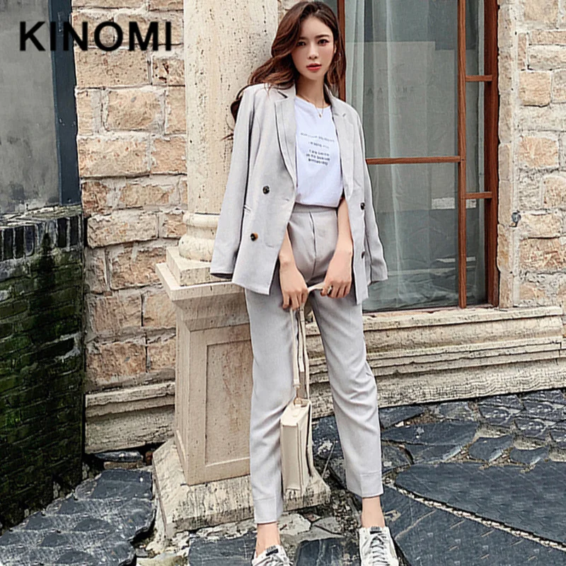 KINOMI, модный Женский блейзер, костюмы, блейзер с круглым вырезом, куртка с эластичной резинкой на талии, брюки, офисная одежда, женские брючные костюмы, женские комплекты из 2 предметов