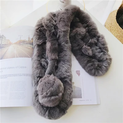 dark grey Luna& Dolphin, женский зимний шарф черного и серого цвета, настоящий кролик рекс, теплый шарф, 60x12 см, натуральный мех, палантин, теплые длинные волосы, круглый шарф - Цвет: dark grey