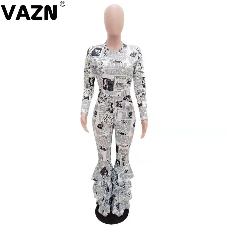 VAZN, осень, хит, газетные обтягивающие длинные Комбинезоны, Женские повседневные комбинезоны с длинным рукавом и круглым вырезом, женские облегающие комбинезоны