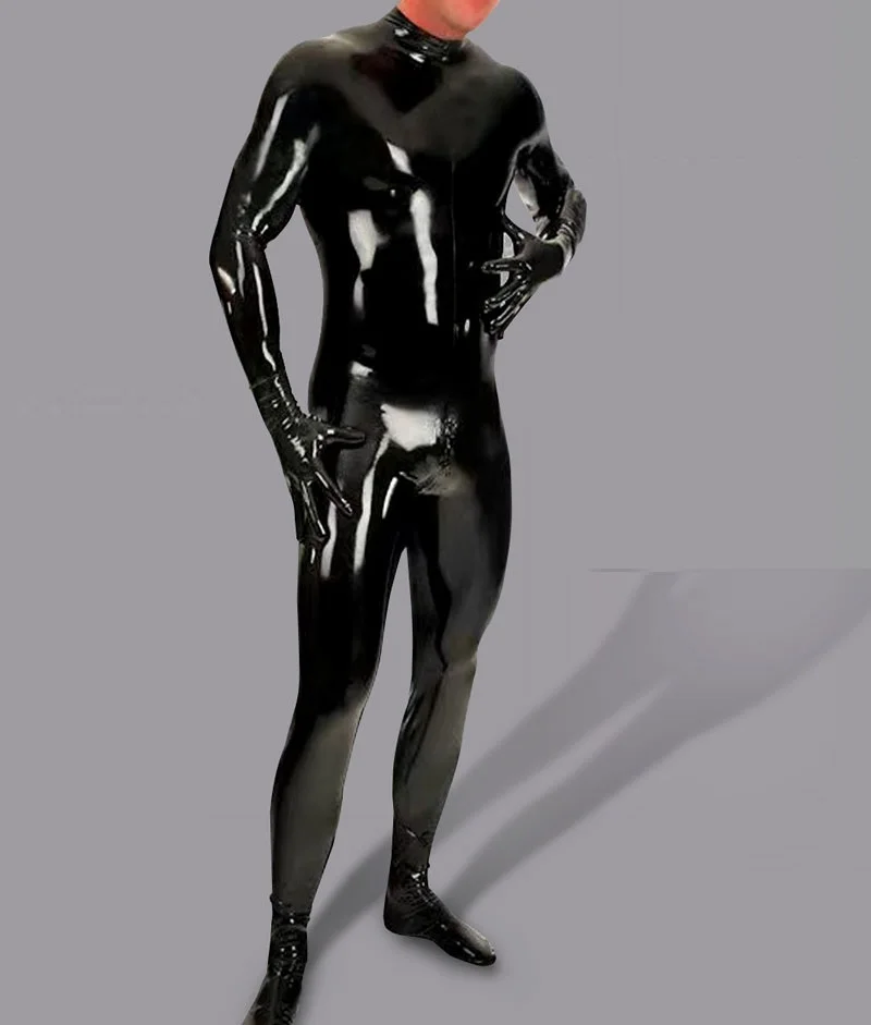 Sexy Shiny Bodysuit Men Full Body Cover PU Latex Waterproof U Convex Pouch Jumpsuit Sexy Lingerie Tight Gay Wear With Glove M115