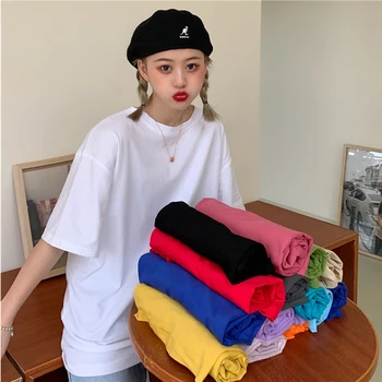 

2020 Summer short sleeve T-Shirt Women Tee Shirt Loose Solid Basic T Shirt Women Casual O-neck Hipster Tshirt Top 2XL