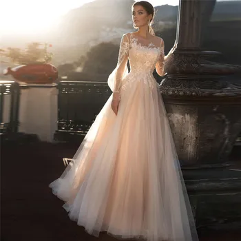

Amazing Long Flare Sleeves Tulle Soft Wedding Dresses Lace Appliques Soft Bridal Gowns Lace Up With Buttons Robe De Mariee 2021