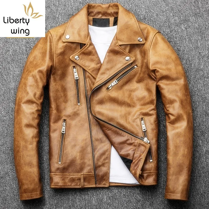 

High Quality Men Genuine Leather Jacket Fashion Solid Lapel Collar Outerwear Casual Pocket Zipper Motorcycle Coats Male S-4XL