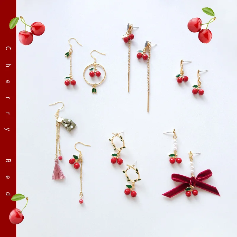 

S925 Silver Plating 16K Real Gold Cute Fruit Cherry Earrings Temperament Bow Asymmetric Pearl Earrings