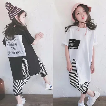 

two piece set girls kids outfits long tshirt + baggy pants streetwear letters stripes clothes side open 3 to 8 yrs SK201548