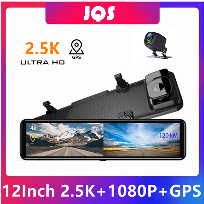 

JQS 12 Inches 2.5K Car DVR Touch Screen Stream Media Dual Lens Video Recorder Rearview Mirror Dash Cam Front And RearCamera