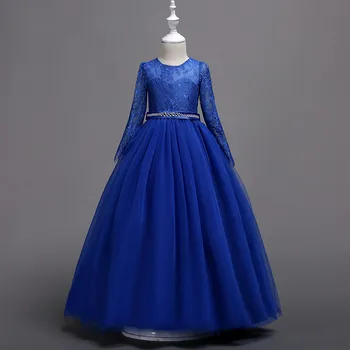 

Lace Long Blue Children Party Dress Cosplay Costume Long Sleeve Mesh Diamond O-Neck Wedding Prinsess Dress New Year Gift