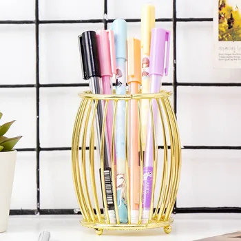 

Rose Gold/Gold Wire Metal Pencil Holder Cup Pen Pot Drum Shape Makeup Brush Holders for Office Home UY8
