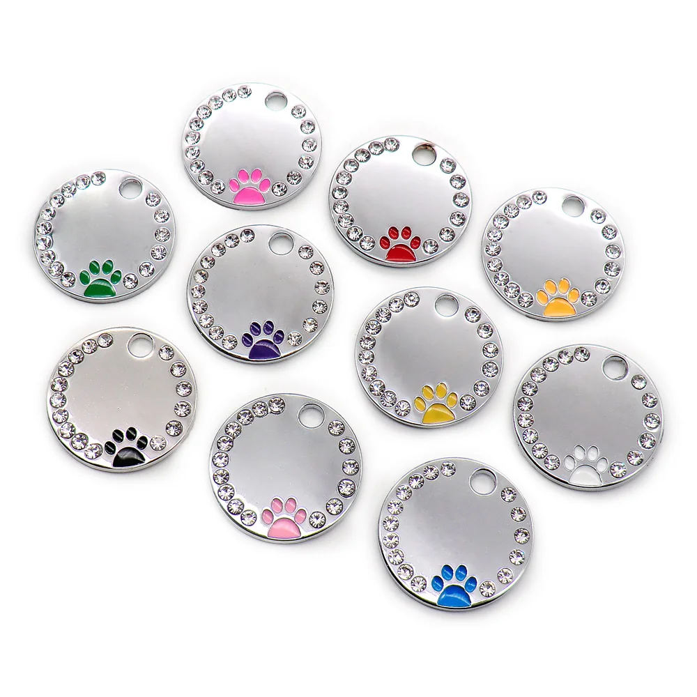 Wholesale Rhinestone Pawstrip Blank Dog ID Tag dog tags necklace Paw Puppy Dog Collar Pendant Customized Dog Tag Collar Cat Tags