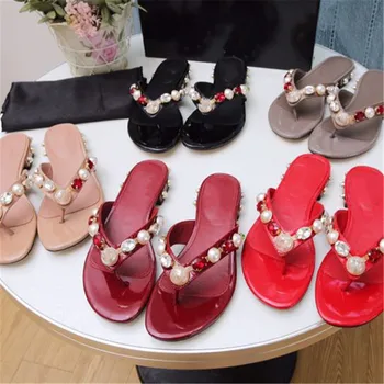 

Women's Fashion Genuine Leather House Slippers New Summer Outside String Bead Flip Flops Casual Shoes For Women Slippers Flat