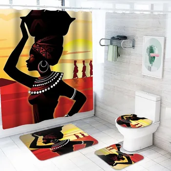 

High Quality Adventures Of African Girl Printed Shower Curtains Bath Products Bathroom Decor Waterproof With Toilet Cover Mats
