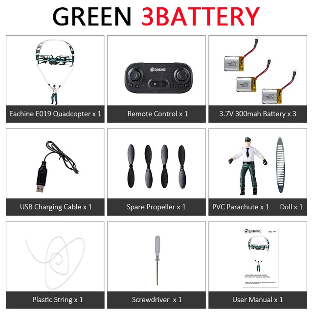 Green 3batteries Eachine E019 2-осевой RC трюк парапланерный режим полета с режимом удержания высоты Дрон Квадрокоптер RTF - Цвет: Green 3batteries
