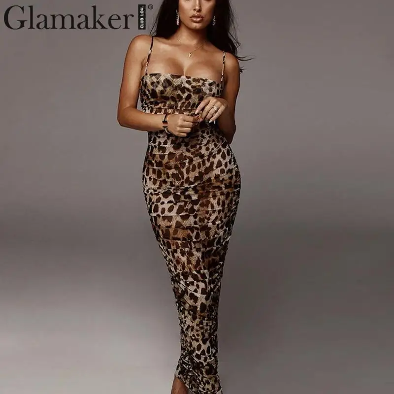 Glamaker, Леопардовый принт, сексуальное платье макси без рукавов, женское облегающее осеннее платье, зимнее женское элегантное Клубное платье, вечерние платья
