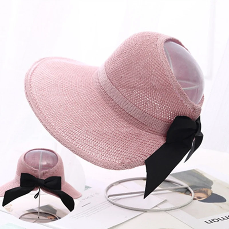 HT3027PK Модные солнцезащитные шапки с бантом, Женский хвостик, шапка от солнца, вязаная шапка с лентой для женщин, пляжная шляпа с защитой от ультрафиолета для верховой езды, уличная Солнцезащитная шапка - Цвет: HT3027PK